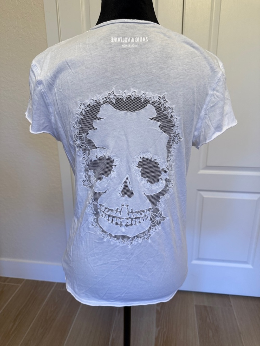 Zadig & Voltaire White V-Neck Story Skull Fishnet T-Shirt